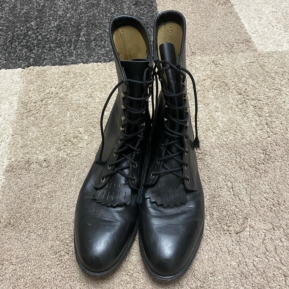 JUSTIN’S vintage black leather diamond roper boots lace up retro fringe size 13
